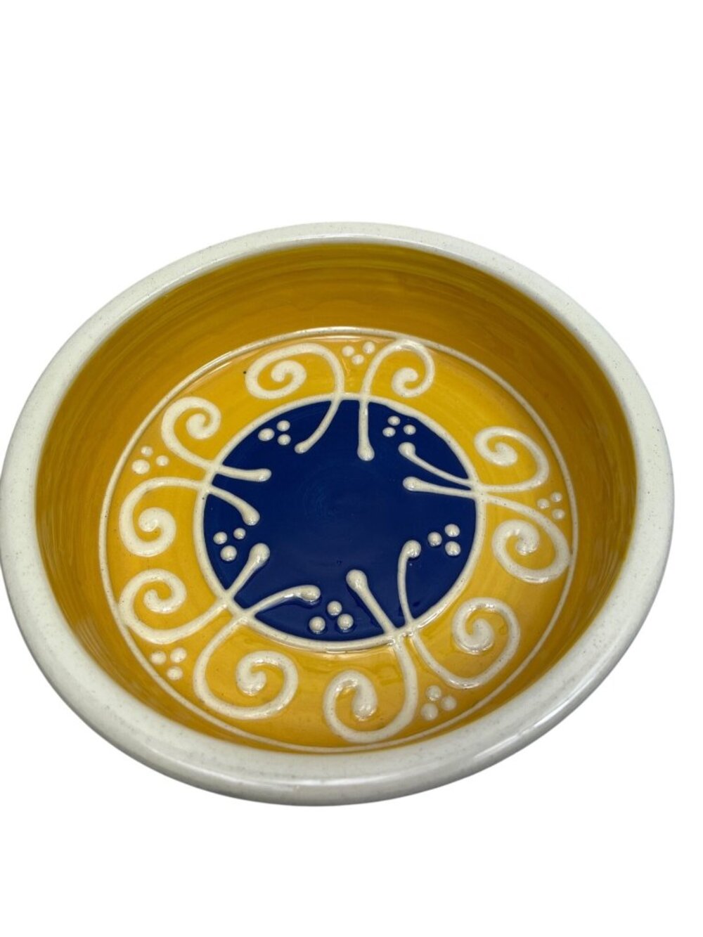 Handcrafted Ceramic Bowl Yellow & Blue With Decorative Swirls 10" Diameter C71